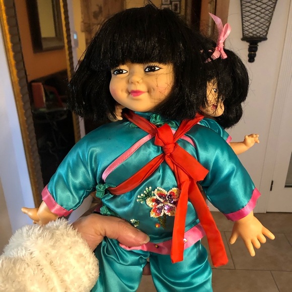 Asian Chinese Woman Carrying Child Cloth Dolls 13 inch mom and baby. Please read - Picture 1 of 15